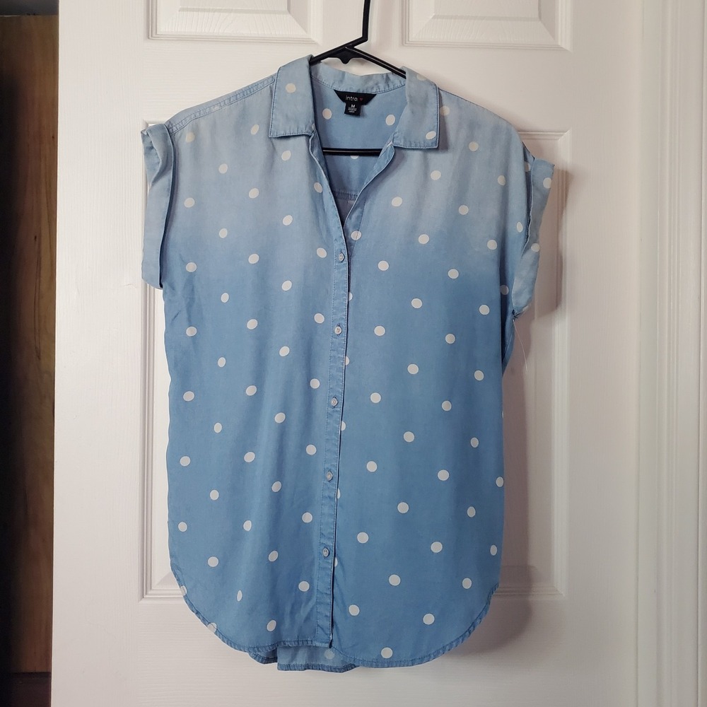 Light Blue Polka-dot Oversized Blouse Button Front Cap Sleeves Coastal Preppy M